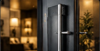Herraje y manijón contemporáneo instalado en una puerta